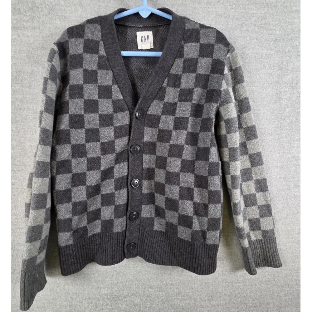 GapKids Boys XS 4-5 Cardigan Sweater Gray Checkerboard Pattern School Preppy